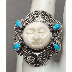 NWT STS Signed 925SS Carved Bone & Sleeping Turquoise Goddess Ring Sz 8/8.5